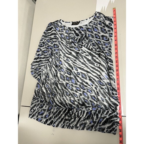 Bob Mackie Wearable Art Blouse M Blue Black Abstract Animal Print Sheer Tie Boho - Picture 9 of 13